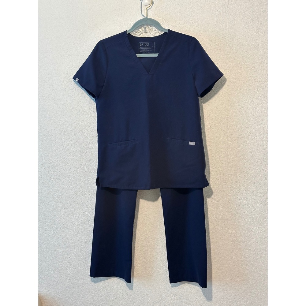 FIGS Navy Blue Scrub Set 3 V-Neck Tops 1 Straight Leg Pant Women Small 4pc